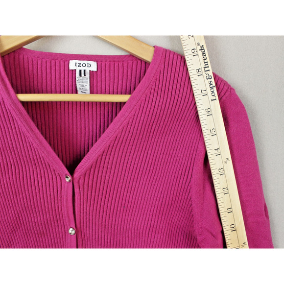 Izod Fuschia 3/4 Sleeve Ribbed Cardigan Sweater Medium Buttoned - Picture 6 of 9